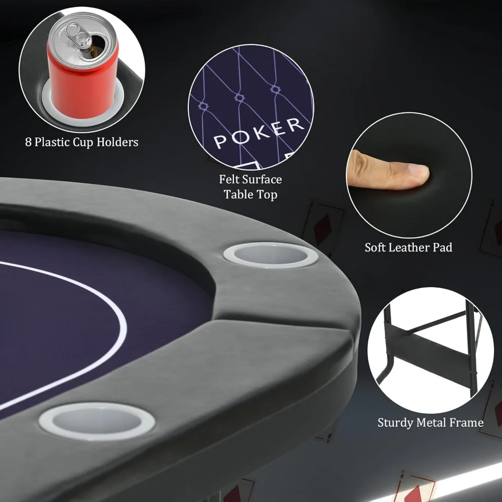 8 Player Folding Poker Tables w/Collapsible Legs,Padded Rails and Cup Holders, Portable Poker Table for Texas Holdem