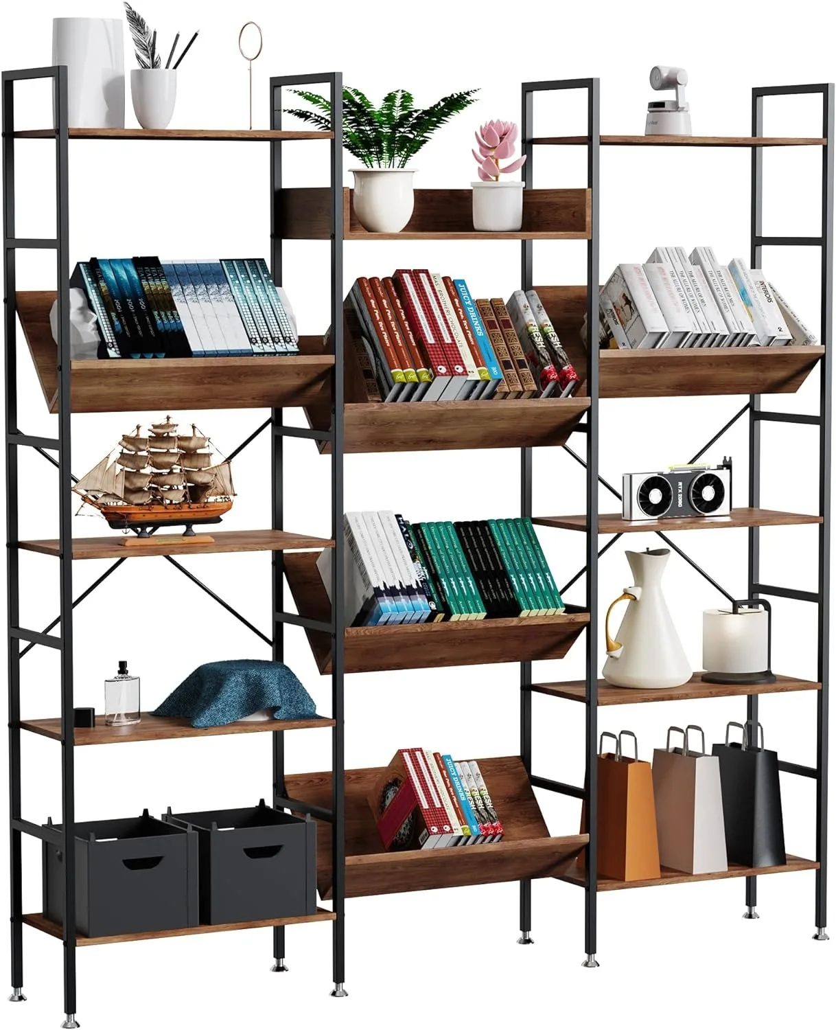 Triple Wide 5 Tier Bookshelf,Large Industrial Rustic Bookcases with 14 Open Display Shelves & 2 Large Drawers,Tall Bookshelf