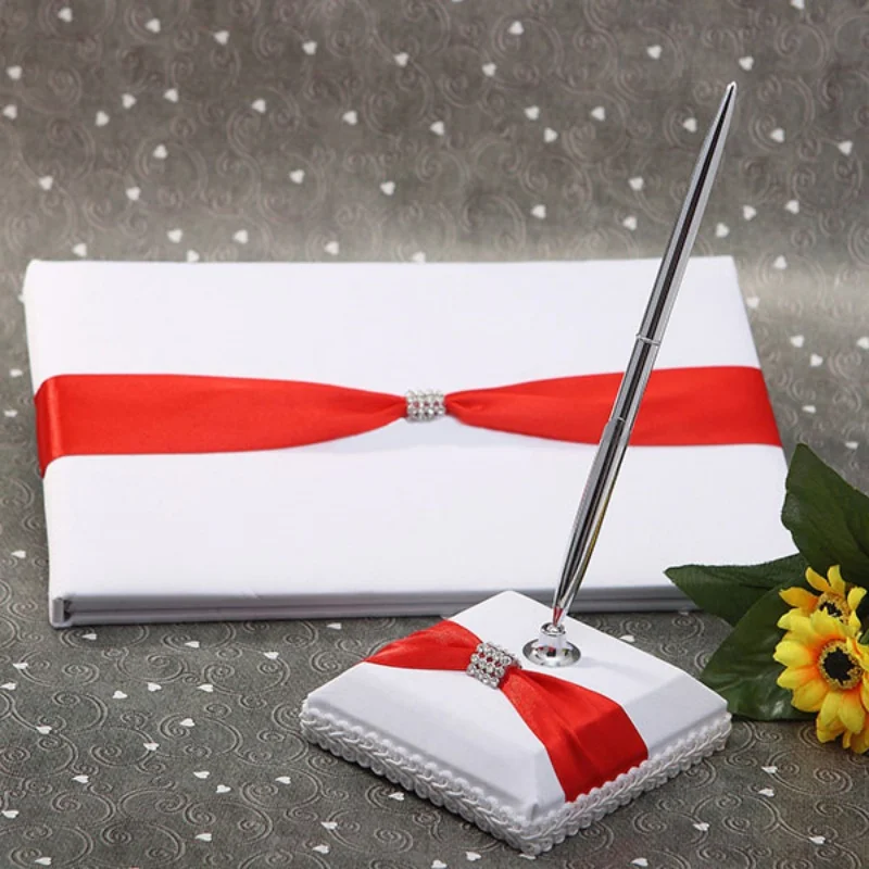 

Free Shipping personalized wedding diamond ribbon guest book 1 set of 2-color custom sign in book