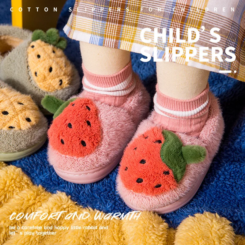 Children's Cotton Home Slippers Winter Cover Heel Boys And Girls' Baby Cute Fruit Strawberry Slipper Warm Indoor Plush Shoes