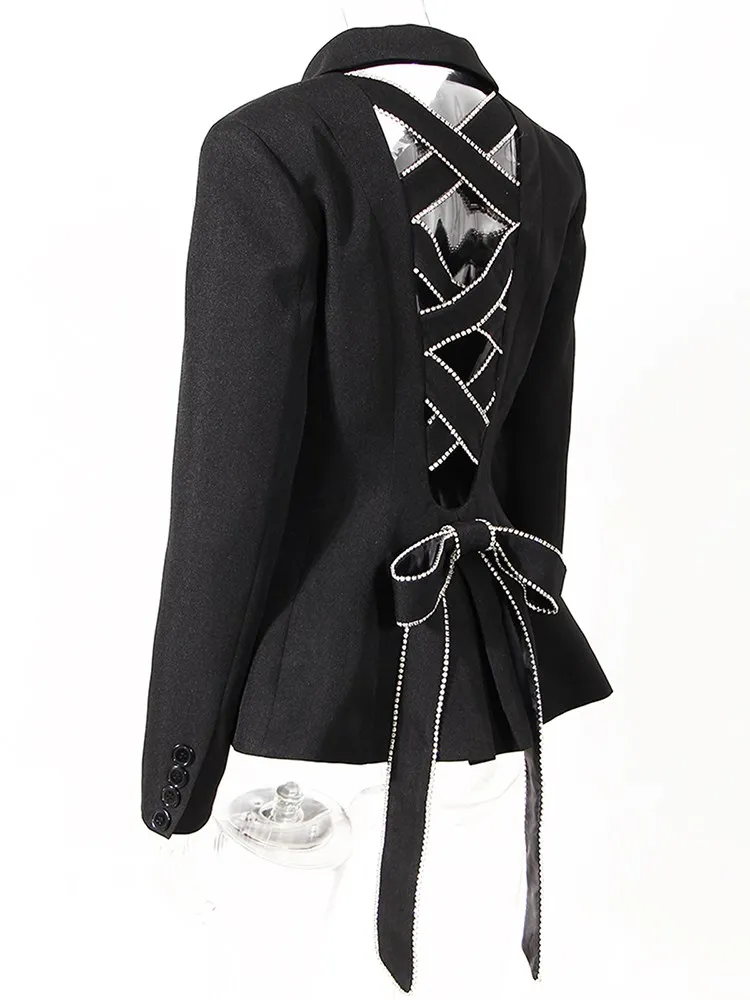 KBQ Hollow Out Crisscross Backless Blazer For Women Notched Collar Long Sleeve Spliced Lace Up Solid Blazers Female Fashion New