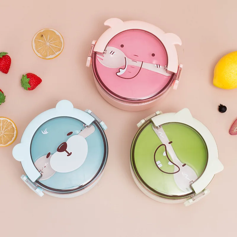 

Lunch Box Cute Cartoon Bento Box with Spoon Portable Microwavable Food Storage Container Round Lunchbox with Handle for Kids