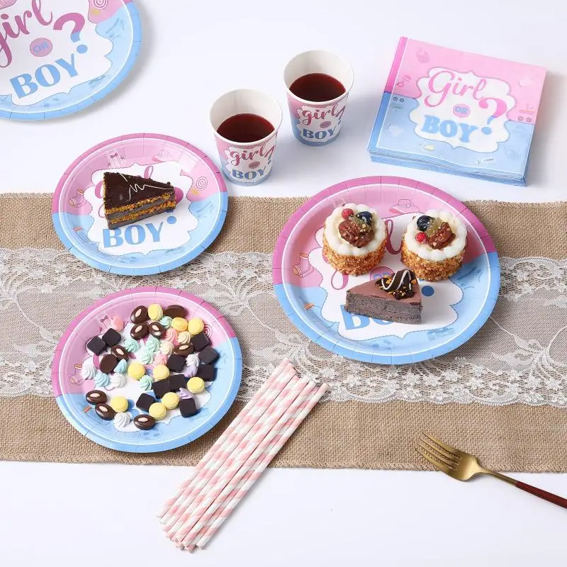 120PCS Deluxe Gender Reveal Party Supplies Kit-Includes Colorful Plates, Cups, Napkins, Paper Straws, and Tableware