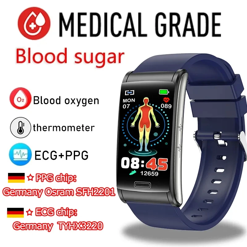 Ecgppg Indolore Non Invasivo Zucchero Nel Sangue Smart Watch Uomo Trattamento Laser Salute Pressione Sanguigna Sport Smartwatch Glucometro Orologio