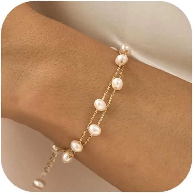 Bracciale Oro Rosa 14kt Con Perline E Fiori - Catena Cubana Delicata, Ipoallergenico, Regalo Per Donne