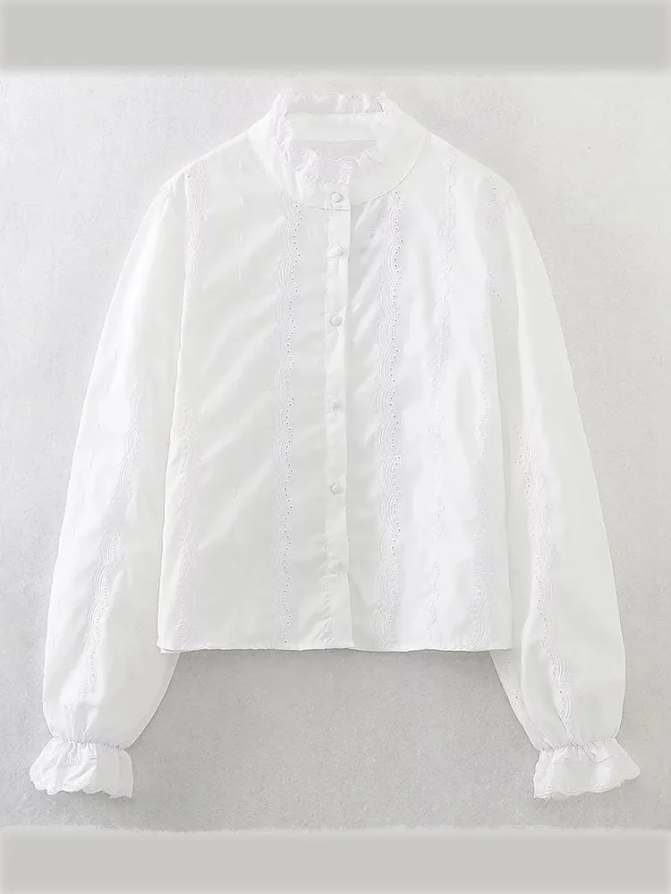 

ZADATA 2023 Autumn Women's New Ruffles Stand Collar French Sweet Button Casual Shirt White Embroidered Shirt Top