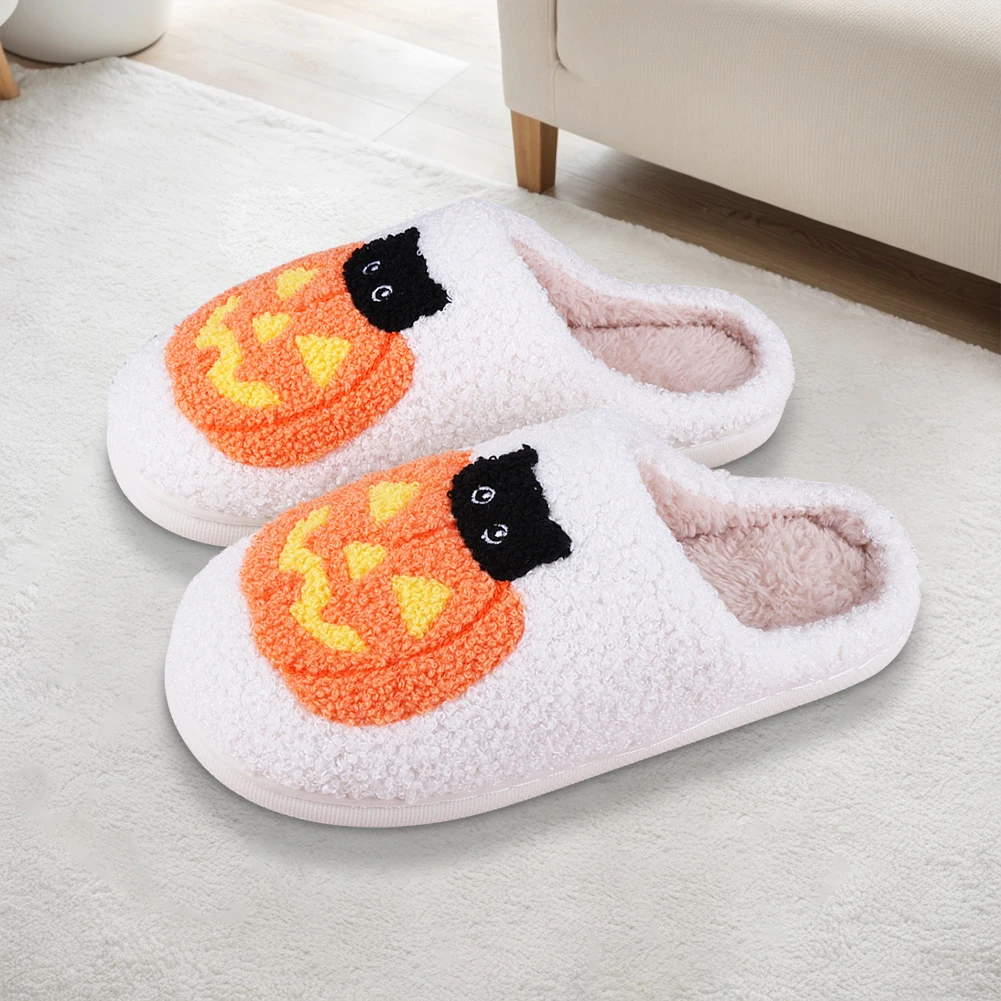 Plush Slippers For Women Men Cotton Slippers With Pumpkin Ghost Face Pattern Winter Warm Shoe Home Indoor Floor Non Slip Slipper