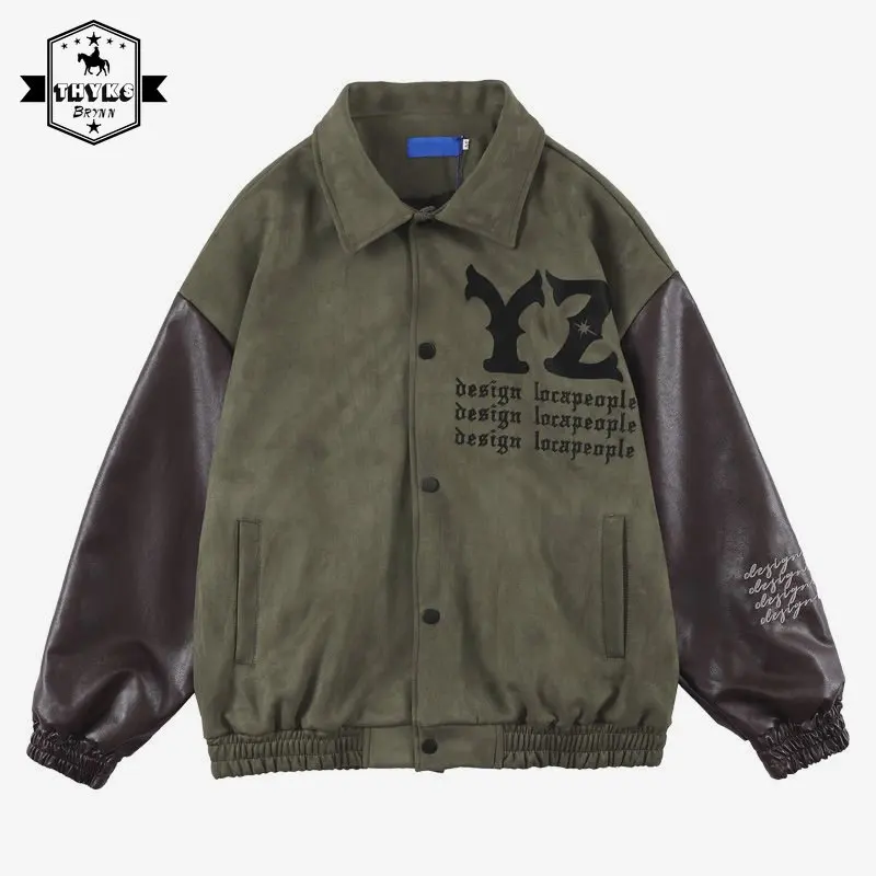 

Vintage American Leather Sleeve Embroidered Winter Jacket Men Hip Hop Trend Baseball Uniform Casual Loose Varsity Jacket Unisex