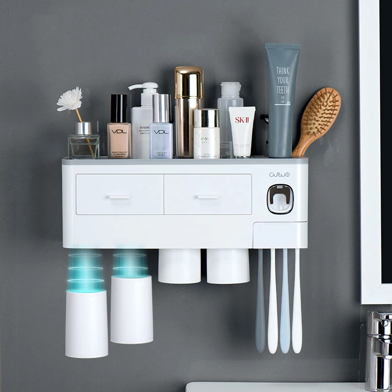 Bathroom Accessories Set Magnetic Adsorption Toothbrush Holder Automatic Toothpaste Dispenser with Cup Wall Mount Storage Rack bathroom accessories set