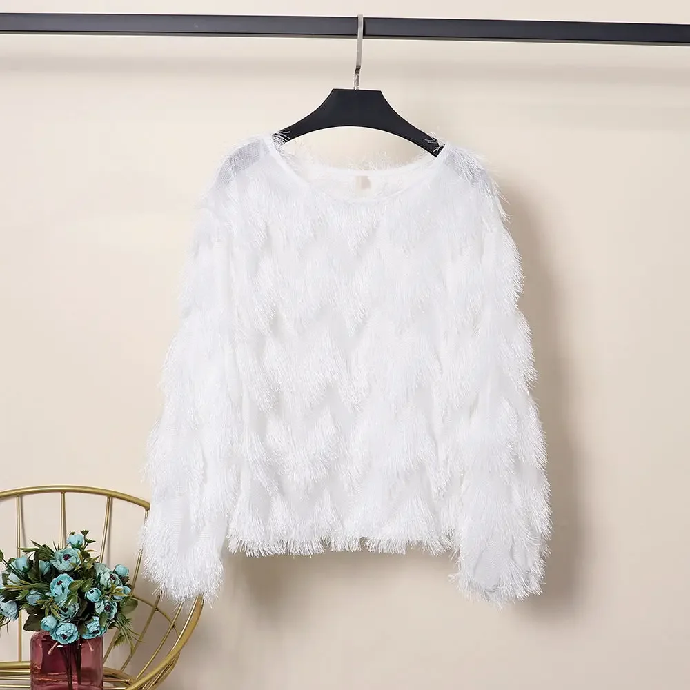 블라우스 여성 가을 ??웨이브 모양 모피 술 긴 소매 풀오버 탑 여성 Blusas Ropa De Mujer