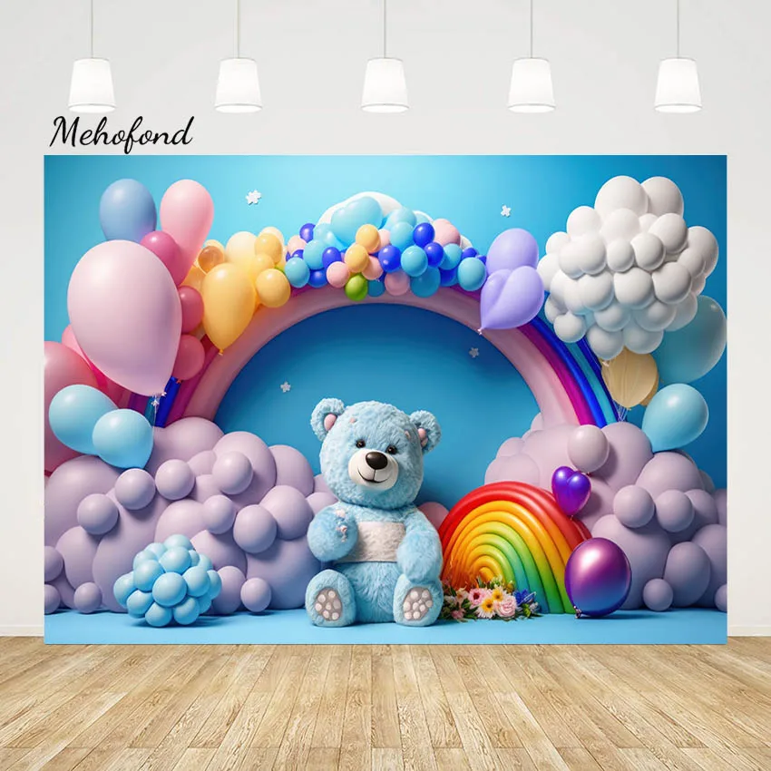 

Фон для фотографий Mehofond Синяя игрушка медведь воздушный шар Декор для детского дня рождения Вечеринка Красочный Радуга фон для фотостудии