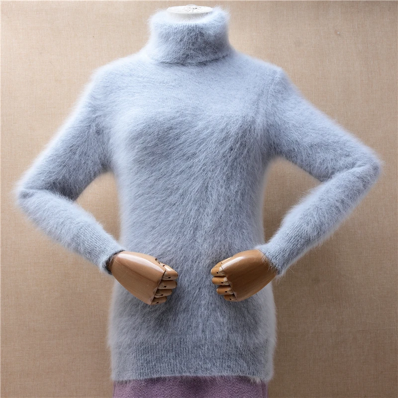 

Female Women Fall Winter Clothing Grey Hairy Mink Cashmere Knitted Turtleneck Slim Blouses Pullover Angora Fur Jumper Sweater