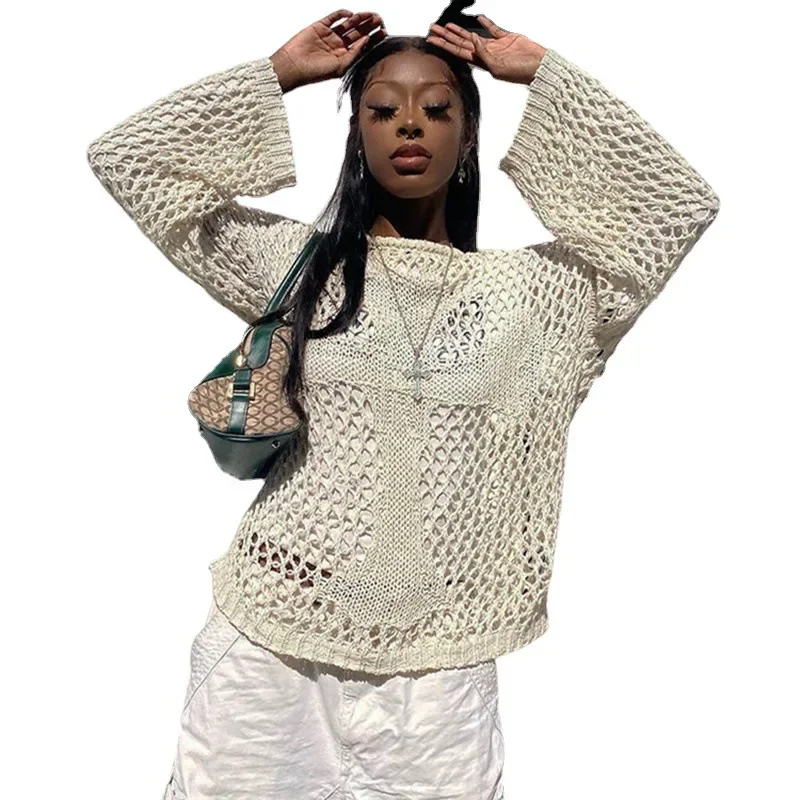 

Womens Pullovers New Round Neck Hollow Long Sleeve Loose Summer Perspective Retro Sexy Top Beach Sweater Woman