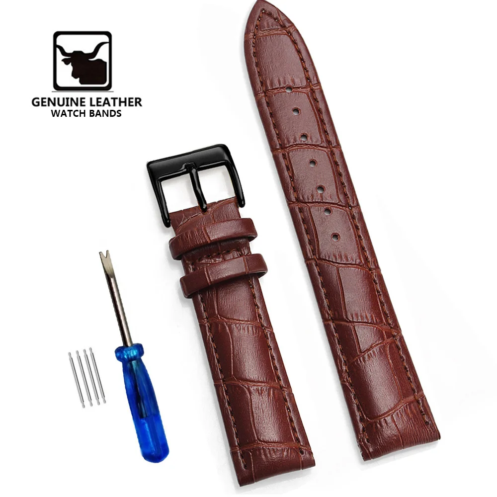 Classic Genuine Leather Watch Band with Soft Cowhide Strap and Adjustable Sizing Plus Tool