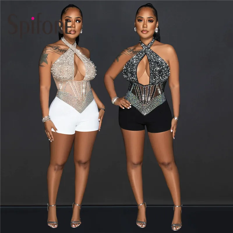 

Женский Летний комбинезон Spifore с бриллиантами, сексуальный Облегающий комбинезон с открытой спиной и лямкой на шее, сетчатый комбинезон для ночного клуба, модель 2024 года