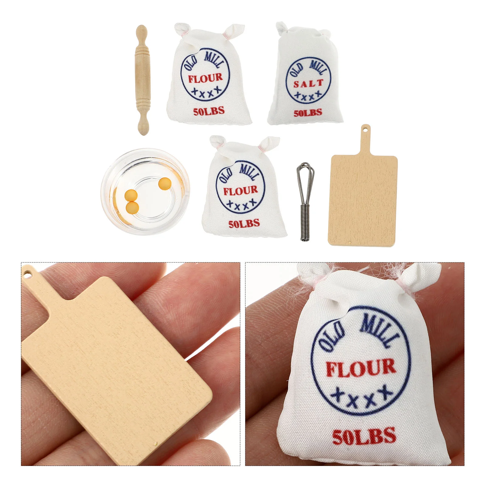 

1 Set Miniature Flour Salt Bags Whisk Rolling Pin Cutting Board Models for Kids