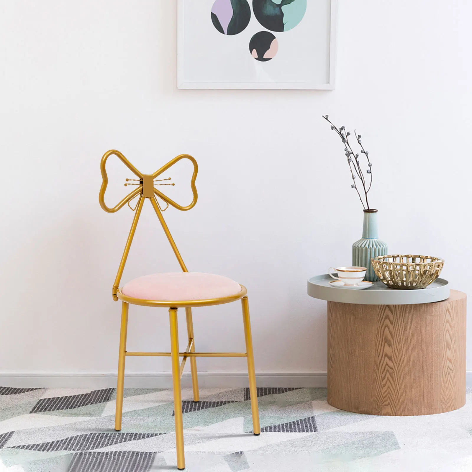 Modern Simple Metal Dressing Table Makeup Chair With Stool Velvet Chair Pink - 1