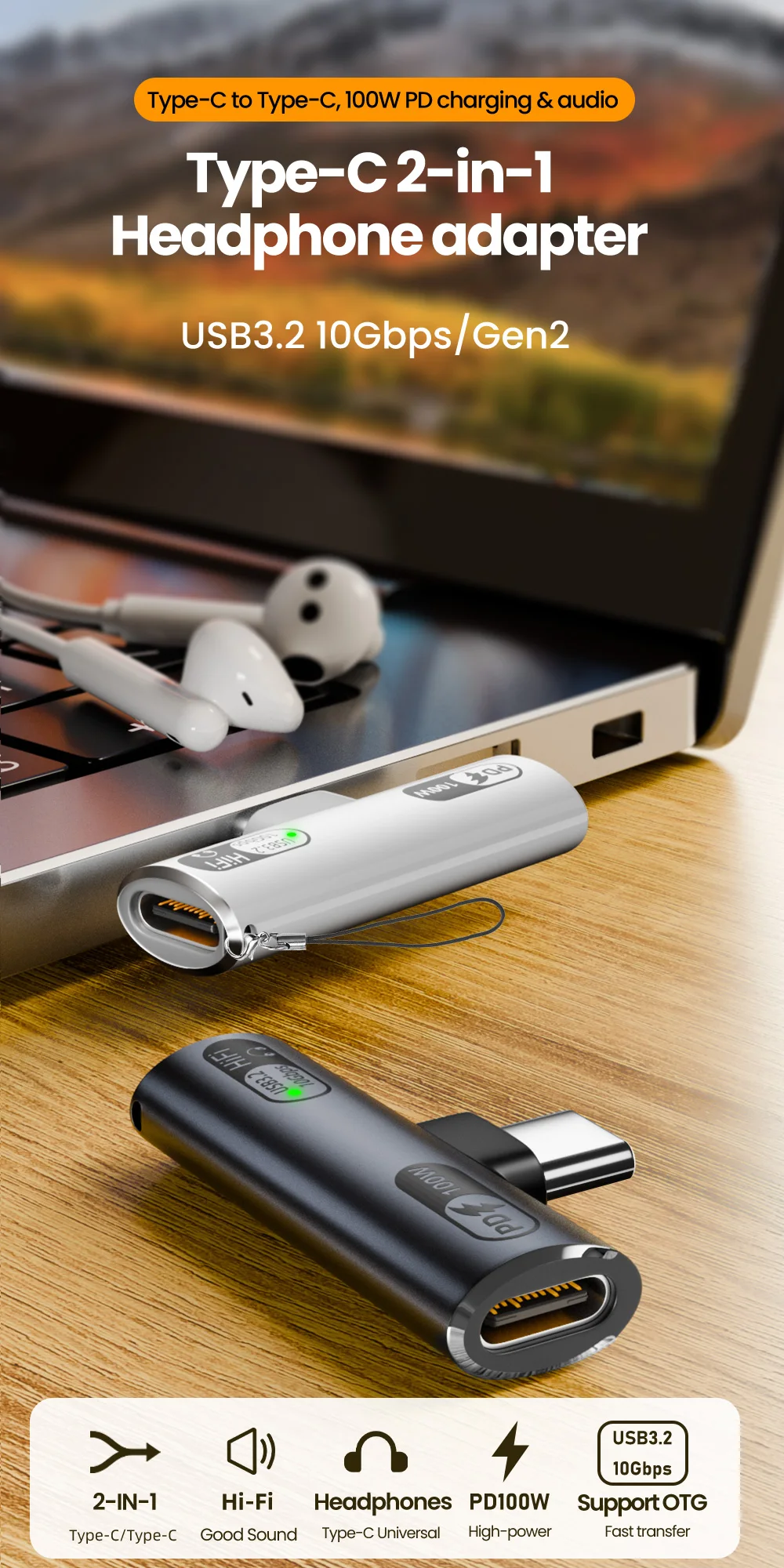 OLAF USB-C 2-in-1 Audio & Charging Adapter 100W