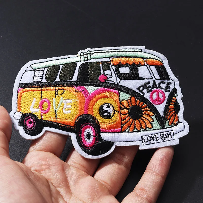 Peace sightseeing bus Patches Applique Iron On Apparel For DIY Clothes Decor Embroidery Fabric Stickers