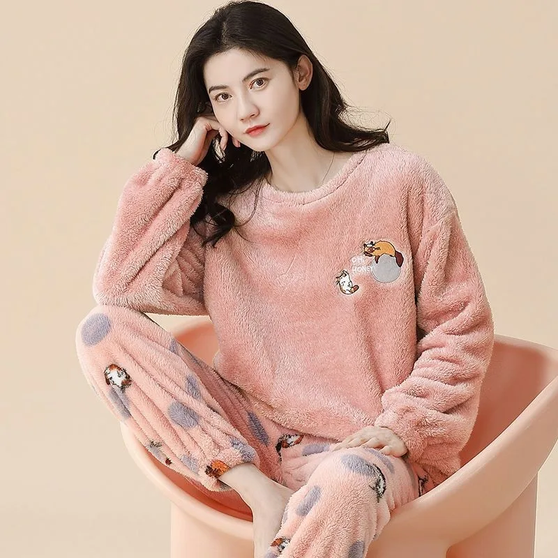 2023 New Coral Fleece Pajama Women's Autumn Winter Thick Loungewear Flannel Sleepwear Solid Color Round Collar Loungewear Set