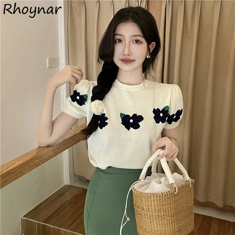 

T-shirts Women Flower Sweet Knitted Slim Vintage Summer Thin Korean Style Chic New Fashion Female Short-sleeve Temperament Ins
