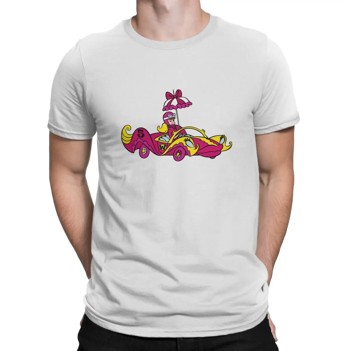 Wacky Races Retro Cartoon Pink Car T Shirt Moda Uomo Tees Abbigliamento Estivo Harajuku O-Collo Tshirt In Poliestere