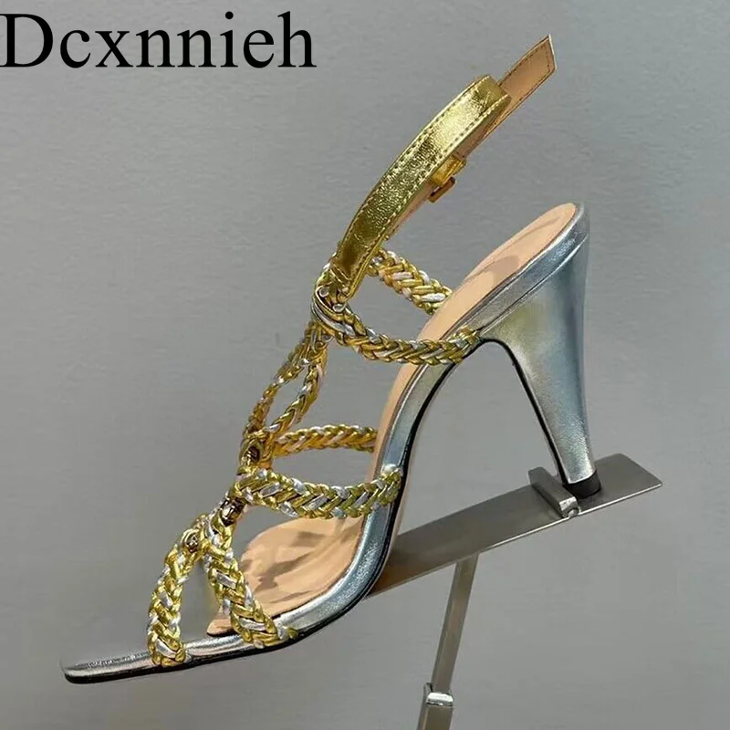 

Летние Новые Модные Тканые металлические декоративные сандалии на высоком каблуке для женщин, пляжные тапочки для отпуска, летние туфли на высоком каблуке