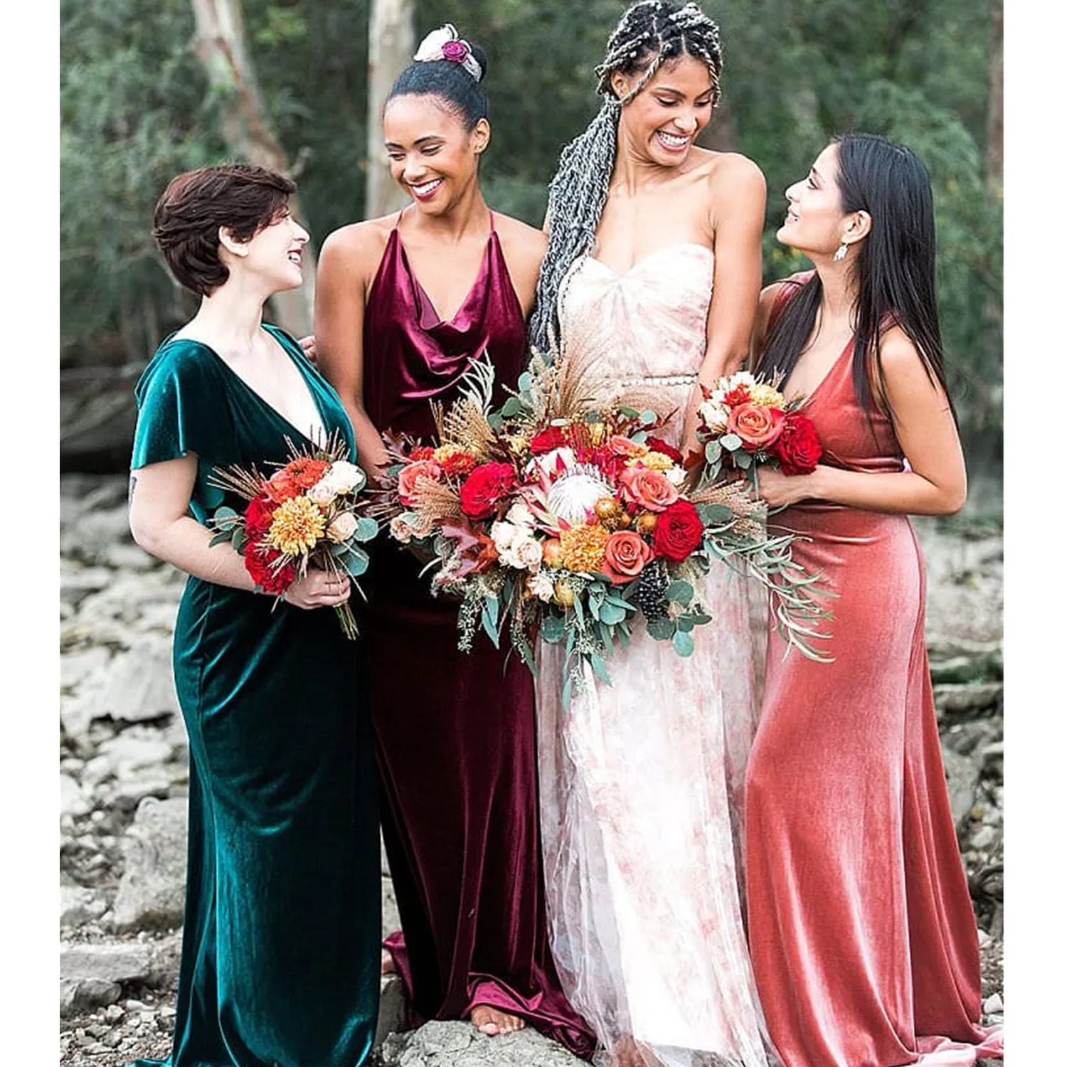 

Modest Burgundy Deep V Neck Evening Dresses A-line Prom Gowns Plus Size Satin Formal Party Bridesmaid Dress