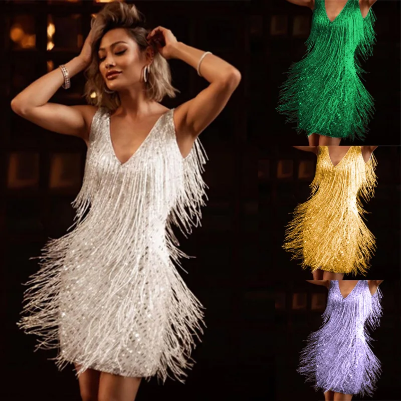 

Women Sexy Tassel Dress V Neck Sleeveless Backless Club Night Dresses Prom Ballroom Samba Fringe Dance Flapper Pencil MINI Dress