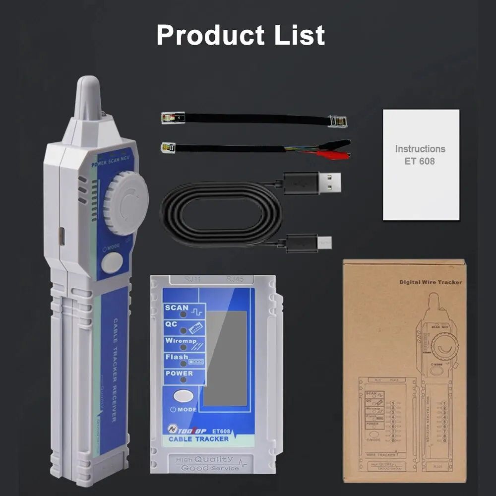 TOOLTOP ET608 LCD Display LAN Tester Dual Lithium Battery Network Connector Crimp Test POE Flash Digital Vibration Cable Tracing