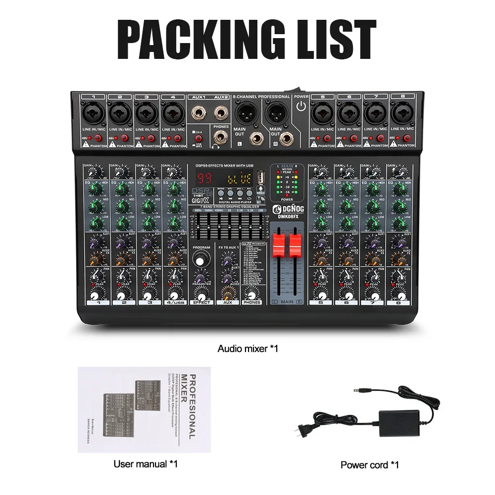 Professional Audio Mixer 8 Channel Sound board Console DJ Mixing Desk System Interface Built-in 99 Reverb Effect DGNOG DMK08FX