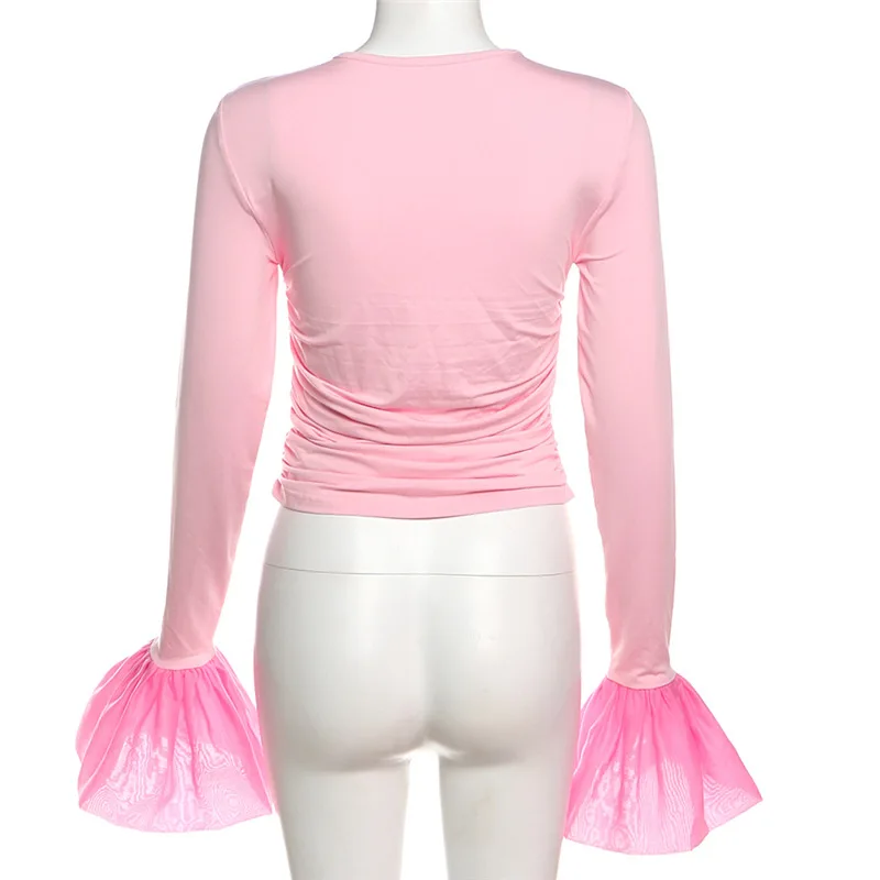 Mesh Ruffled Patchwork T-shirt Top For Women Long Sleeve High Waist Cropped Top Pullover Streetwear Female Slim Y2k Top