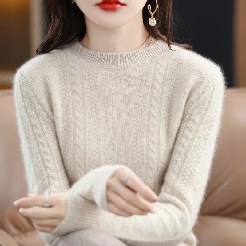 

Autumn and Winter New 100 Pure Woolen Sweater Women's Crew Neck Twisted Flower Versatile Thin Loose Undercoat