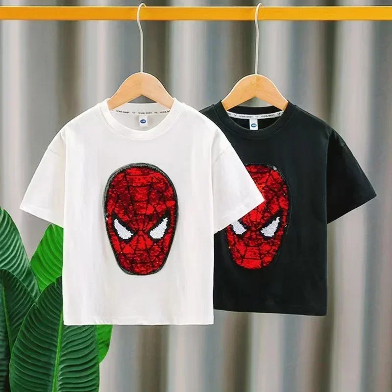 Summer Family Matching Outfit Cartoon Spiderman Sequin Reversible Mommy Daddy Kid Son Daughter Baby Boy T-Shirt Children Top Tee