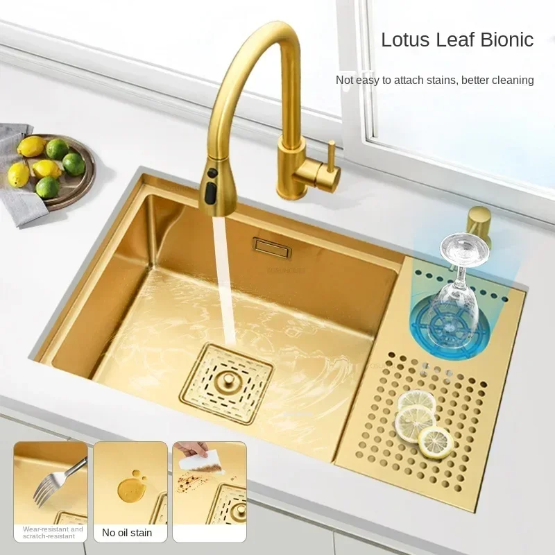 Luxury Golden Kitchen Sinks Kitchen Accessories Dish Drainer Stainless Steel Single-slot Bar Table Cup Washer Sink z