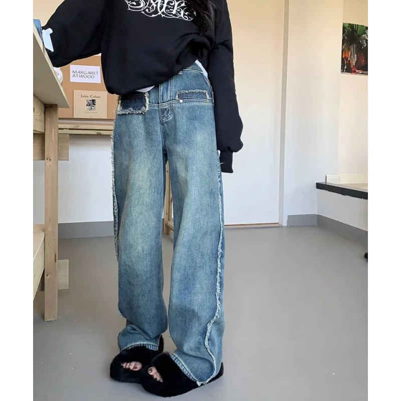 

Spliced Blue Womens Jeans High Waist Straight Baggy Denim Pants American Fashion 2024 Y2K Gradient Female Wide Leg Denim Trouser