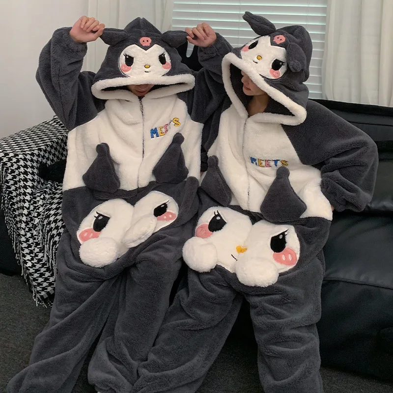 

Sanrioed Cartoon Kuromi Plush Pajamas Anime Cinnamoroll Hooded Nightwear Suit Winter Boy Girl Kawaii Couple Conjoined Homewear