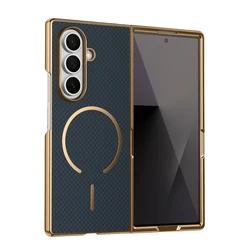 Enhanced Plating Kavlar Magnetic Phone Case with Wireless Charging and Tempered Glass - Galaxy Z Fold4 (Blue)