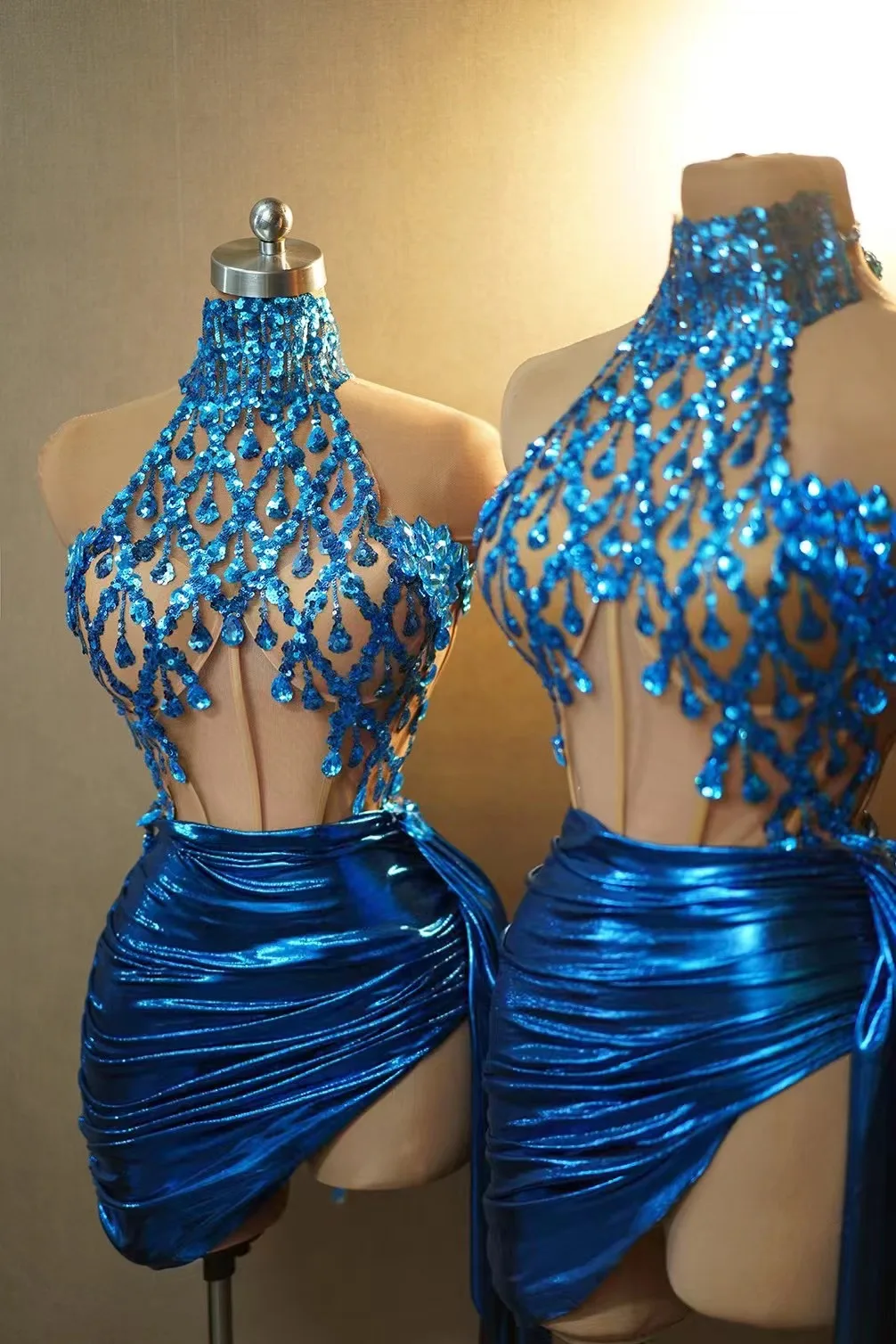 Birthday Party Celebration Dress Blue Sequins Halter Evening Dresses Singer Dancer Stage Clothing Drag Queen Costume 
