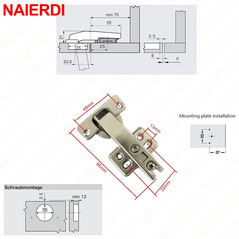 NAIERDI 2 팩 90도 소프트 클로징 캐비닛 경첩 35mm 유압 도어 경첩 접이식 찬장 옷장 용 가구 경첩
