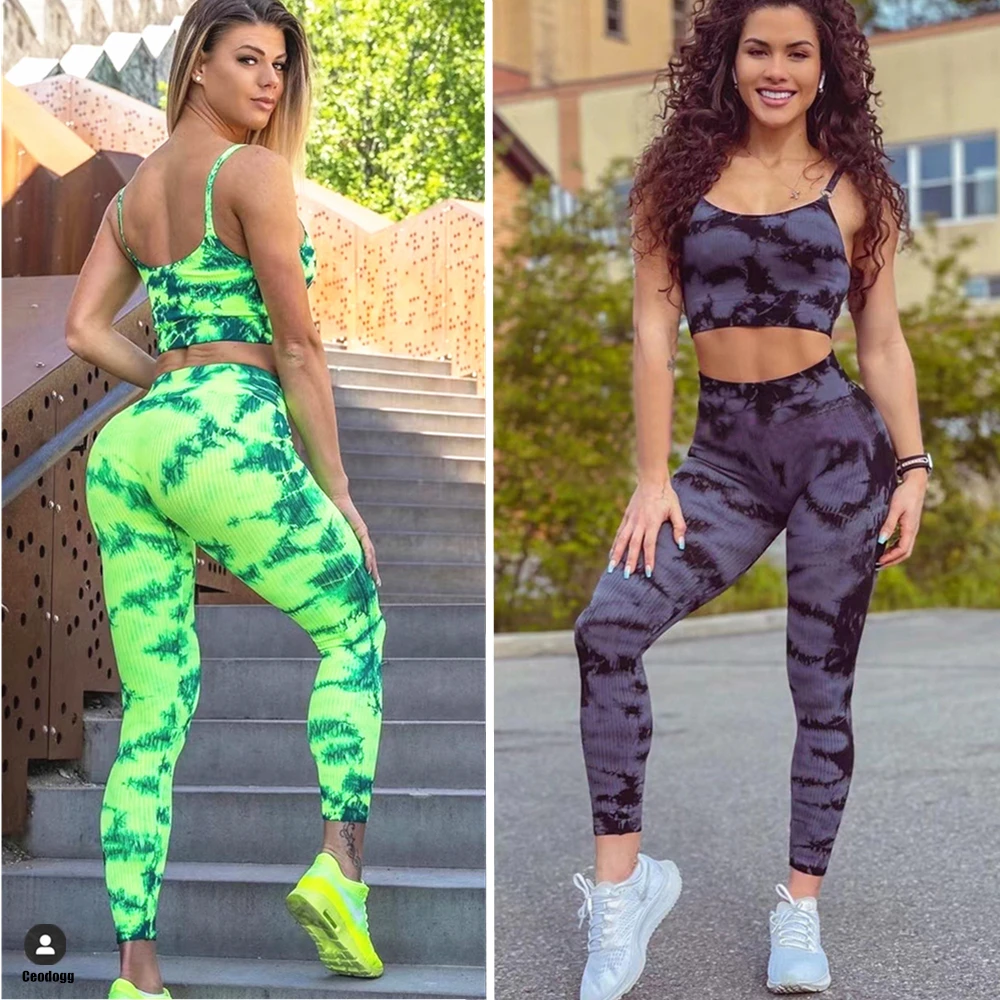 Yoga Set Sports Set Gym Workout Set Sportswear Set Fitness Set Sports Bra Set Yoga Pants Set Sports Set Shorts Seamless Tie Dye Printing Yoga Bra Sports Pants Suit Gym High Waist Push Hip Sports Shorts Running Fitness Leggings Women