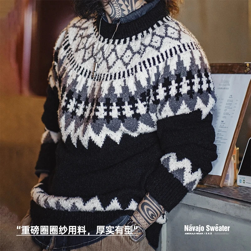 Maden Vintage Heavyweight Fair Isle Icelandic Sweater Round Neck Jacquard Bottom Knitwear Thickened Warm Pullovers for Christmas 4
