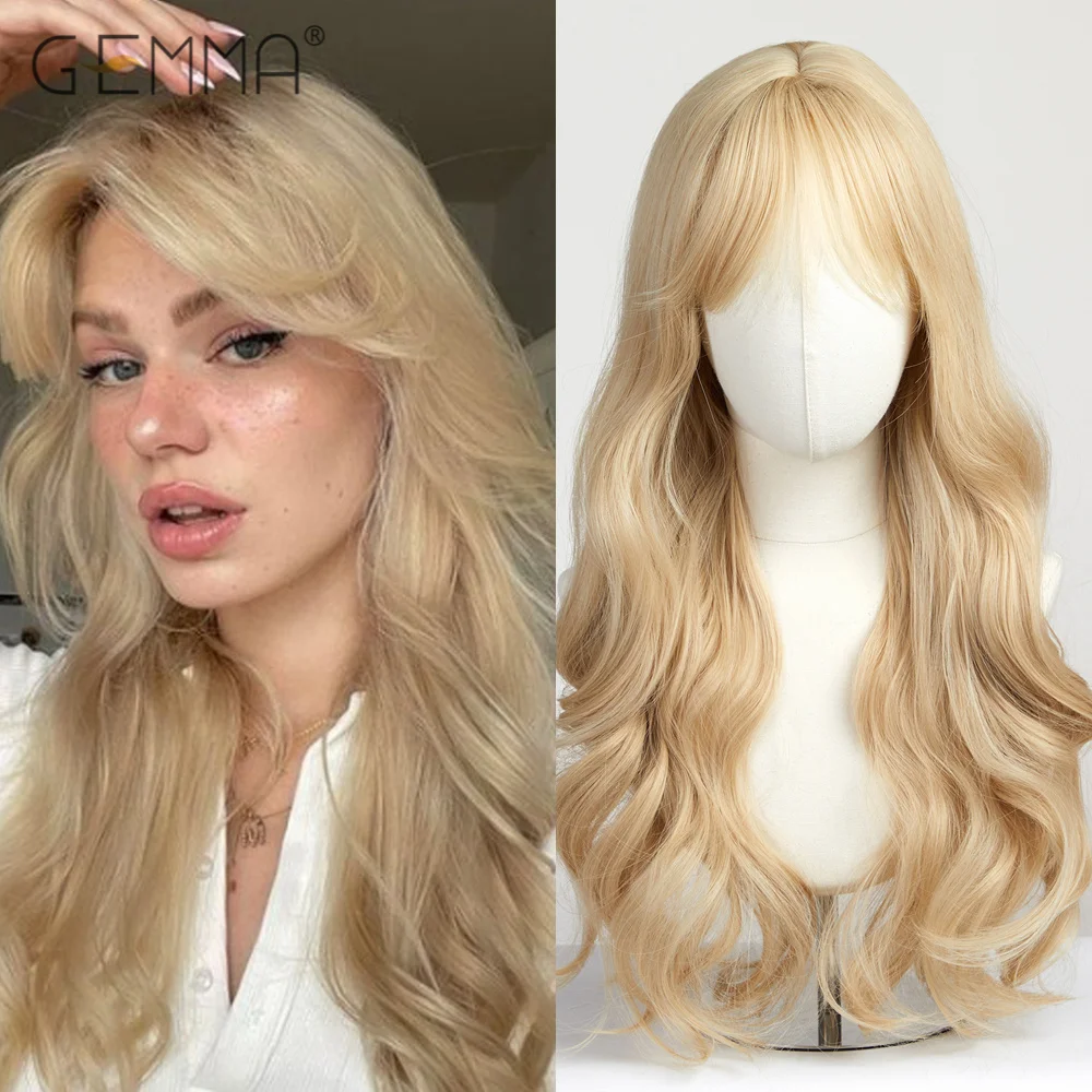 Long Wavy Light Ash Blonde Synthetic Wigs with Bangs for Women Natural Wave Cosplay Party Daily Use Hair Wigs Heat Resistant cosplay makima wigs orange red ombre long straight wigs for women synthetic wigs with bangs heat resistant fiber wigshair