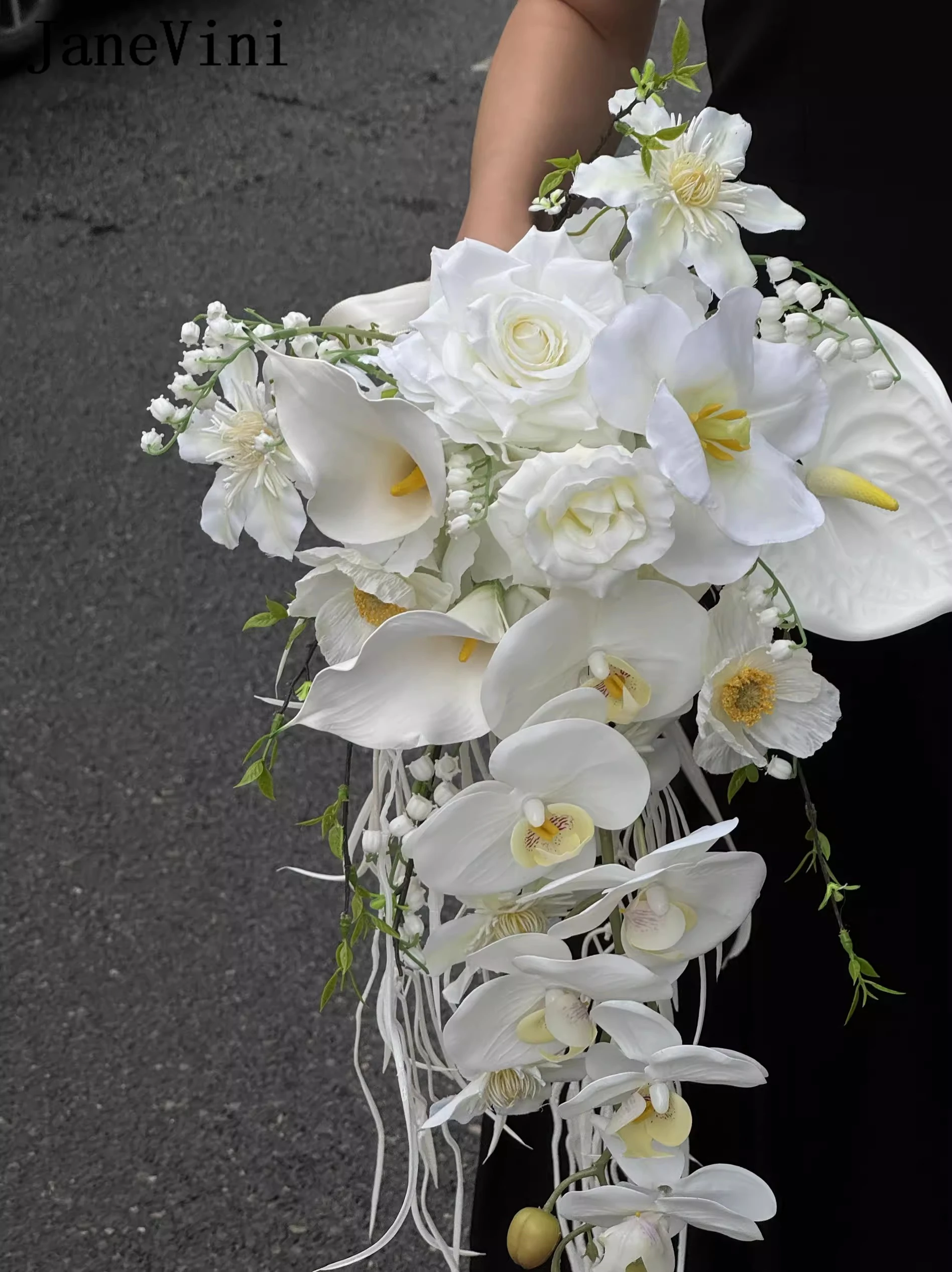JaneVini Elegant White Calla Lily Butterfly Orchid Roses Bridal Flower Wedding Bouquet Waterfall Cascading Bride Holding Flowers