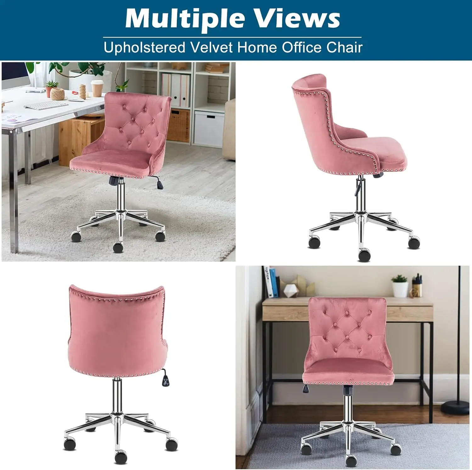 Velvet Office Chair - Modern Upholstered Desk Chair with Adjustable Height, Tilting Mechanism, and Rolling Wheels - Pink