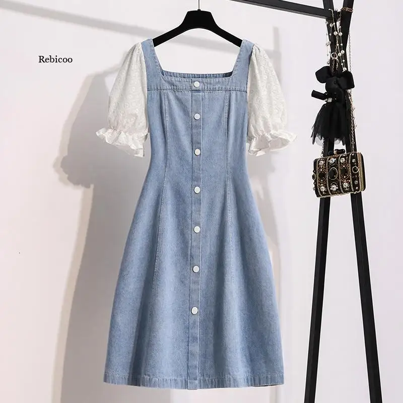 

French Style Women Denim Dress New Summer Square Collar Short Sleeve Patchwork A-Line Dresses M-5XL Fashion Female Loose Frock