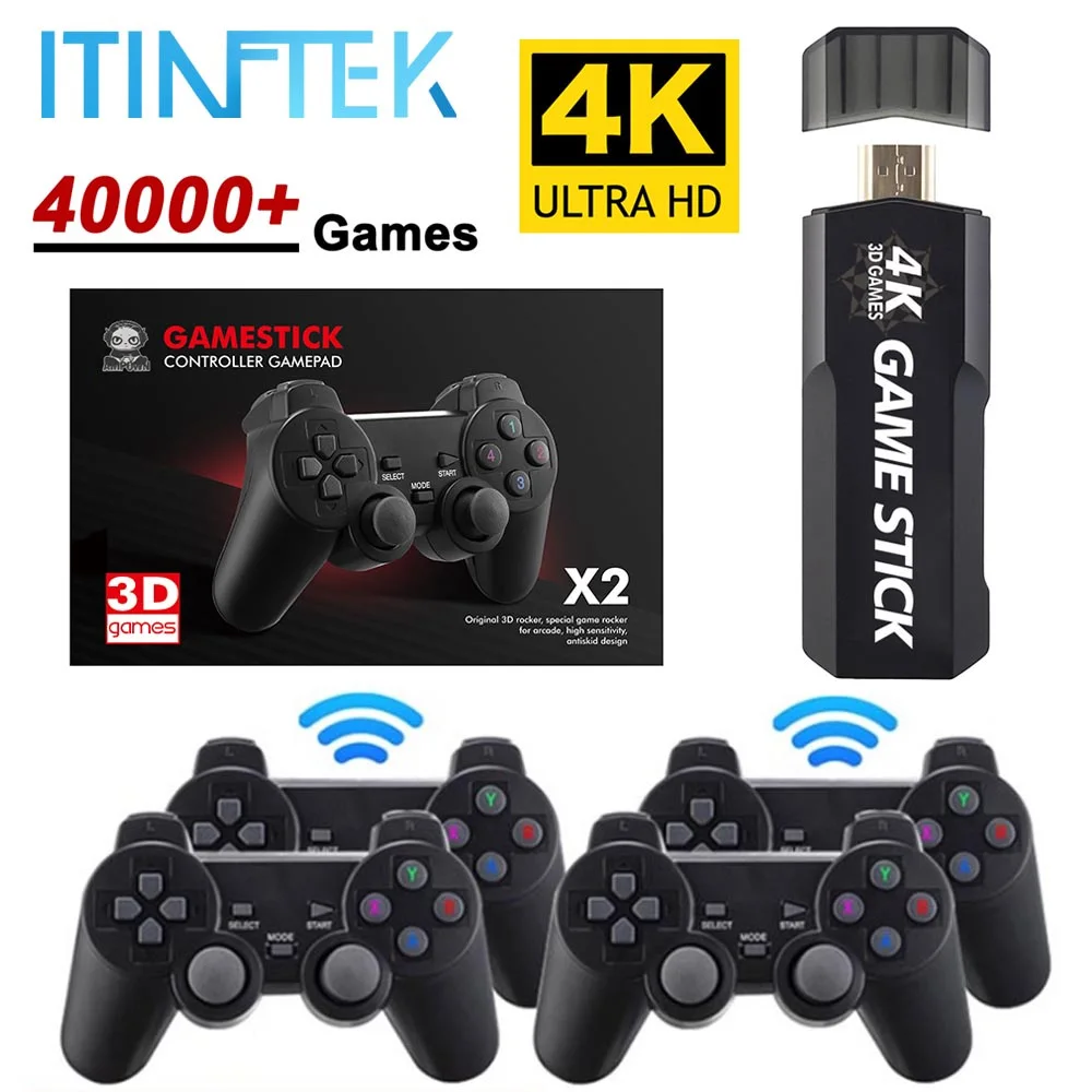 ITINFTEK 128G 40000 Games Retro Game Console 4K HD Video Game Console with Box 2.4G Wireless Controller Game Stick for PSP PS1