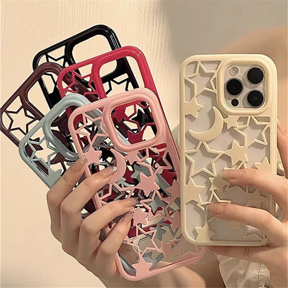 

Cute Hollow Moon Star Pattern Case for iPhone 14 15 Plus 11 12 13 Pro Max Unique Bling Glossy Shockproof Cover
