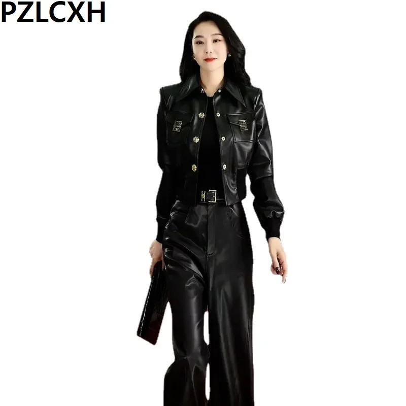 

2024 New Style Fashion Young Commuter Slim Fit Black Leather Coat+Leather Pants Two Piece Set for Women