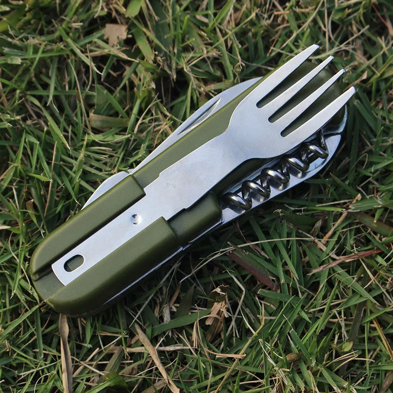 2022 Outdoor Portable Army Green Folding Camping Cutlery Knife Fork Spoon Bottle Opener Tableware Stainless Steel Pocket Cutlery